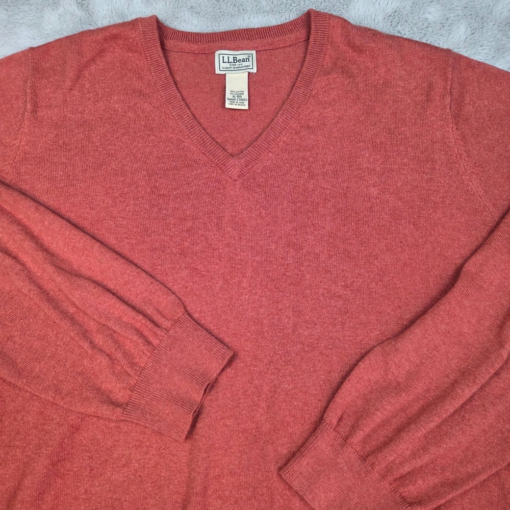 L.L. Bean Cashmere Cotton V-Neck Sweater Mens XL Reg Ribbed Trim Terracotta Red